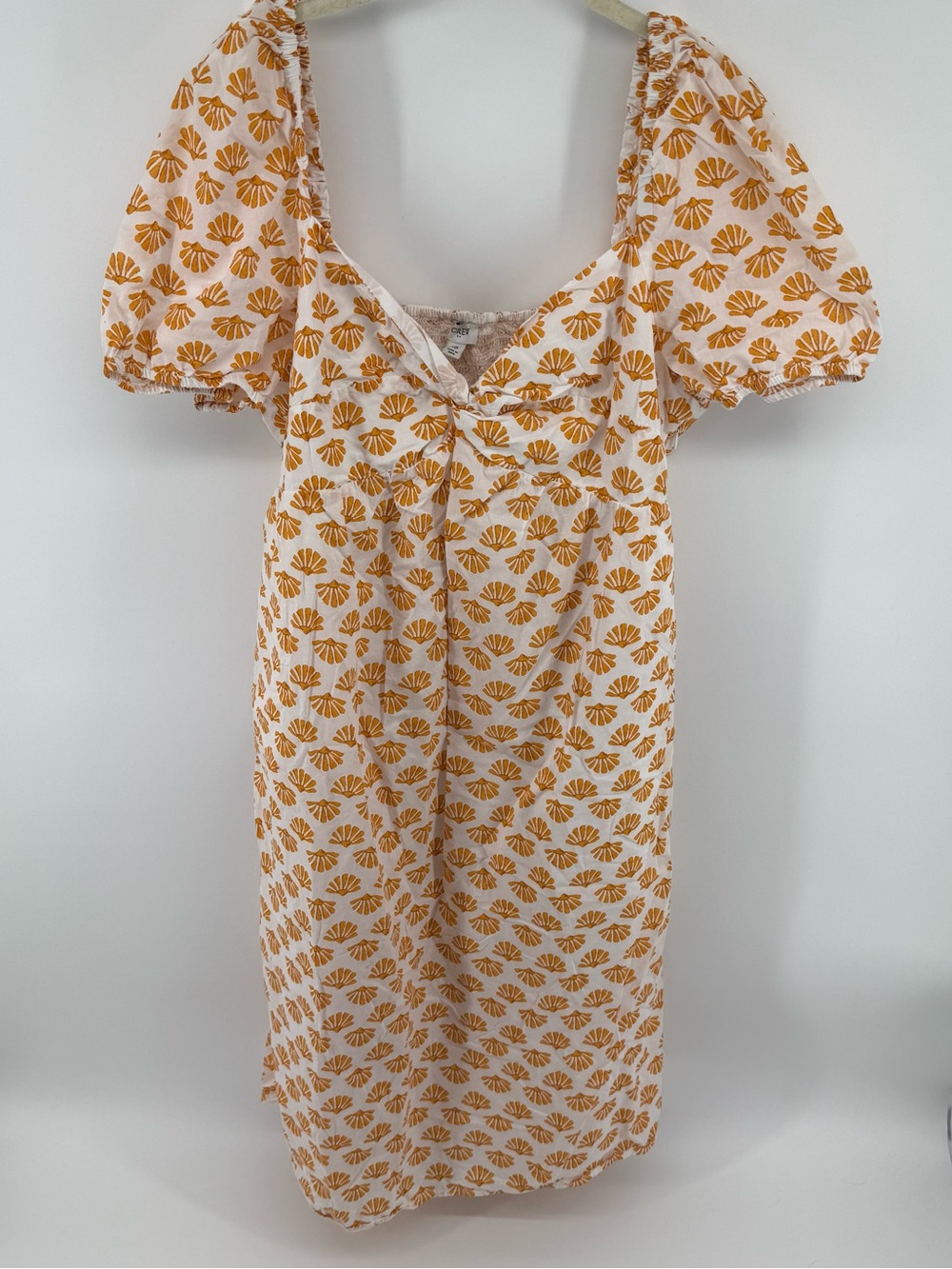 J. Crew White Midi Dress with Mustard Shell Print Puff Sleeve‎